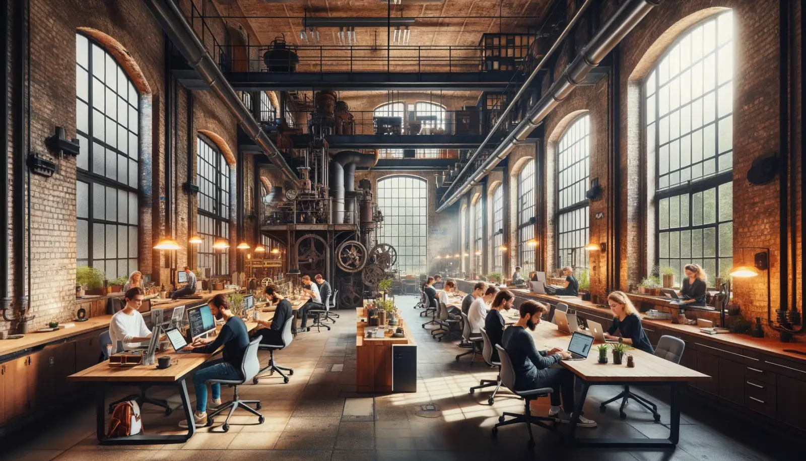 Illustration: an open workspace with long shared desks and people working side by side.