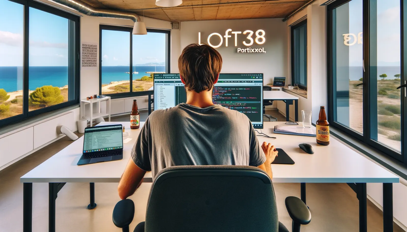 Illustration: a desk with two screens in a bright room, the sea outside the window.