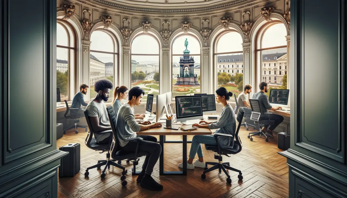 Illustration: a workplace in Vienna, a web application on screen.